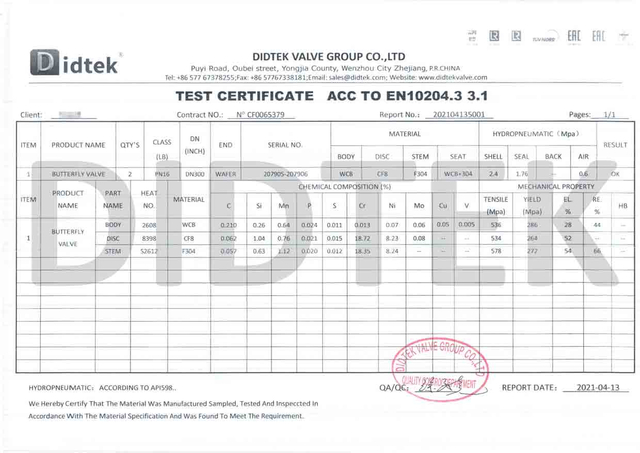 Certificato di prova della valvola farfalla ACC a EN10204.3 3
