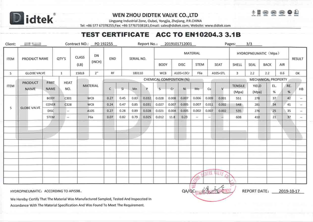 Certificato di test della valvola globale ACC a EN10204.3 3